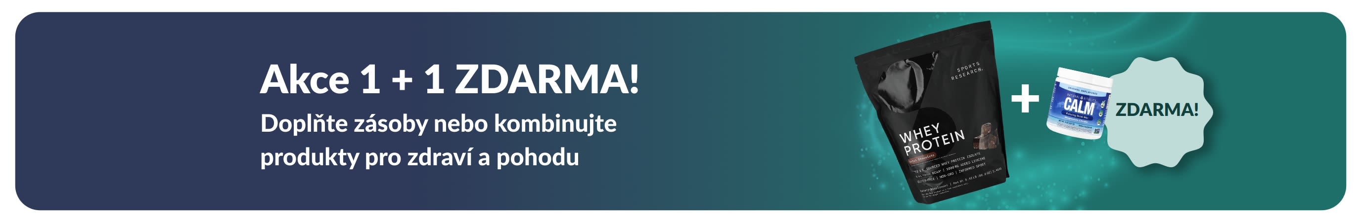 Promo banner iHerb nabízející akci 1 + 1 zdarma na základní produkty pro zdraví a pohodu, s probiotickými doplňky stravy a lahvičkou s kapátkem.