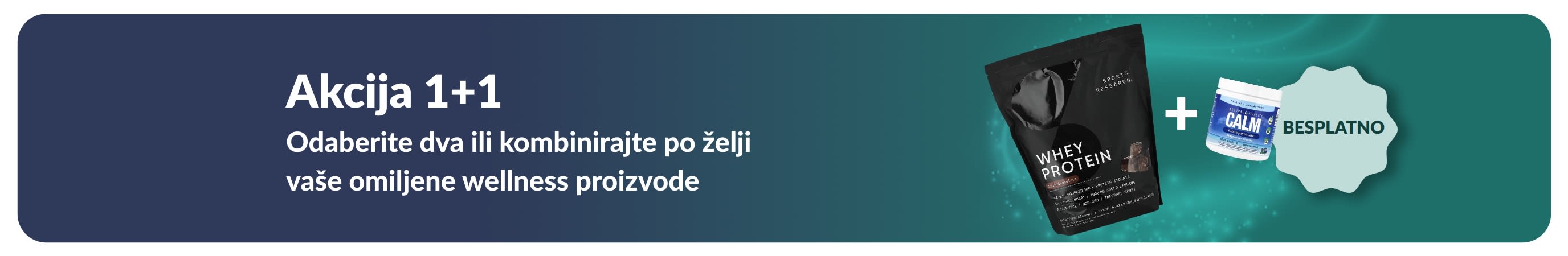 iHerb reklamni natpis za promociju Akciju 1+1 na wellness proizvode, s prikazom probiotičkih dodataka i bočice s kapaljkom.
