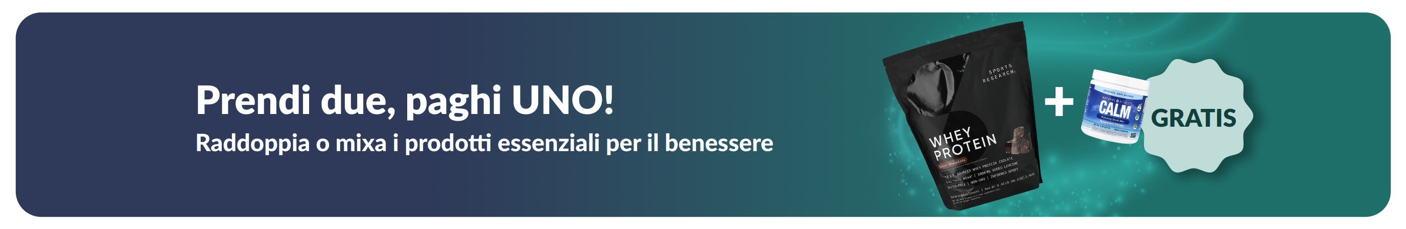 Banner promozionale iHerb con offerta prendi due paghi uno su prodotti essenziali per il benessere; vengono mostrati integratori probiotici e un flacone con contagocce.
