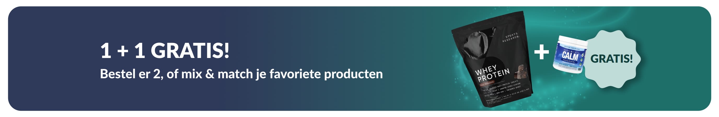 iHerb-promotiebanner met een '1+1 gratis'-actie op essentiële welzijnsproducten, waaronder probiotische supplementen en een pipetflesje.