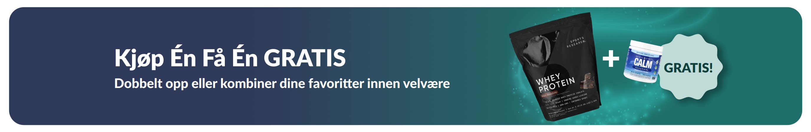 iHerb-kampanjebanner med «kjøp én, få én gratis» på velværeprodukter, med probiotiske kosttilskudd og en dråpeflaske.