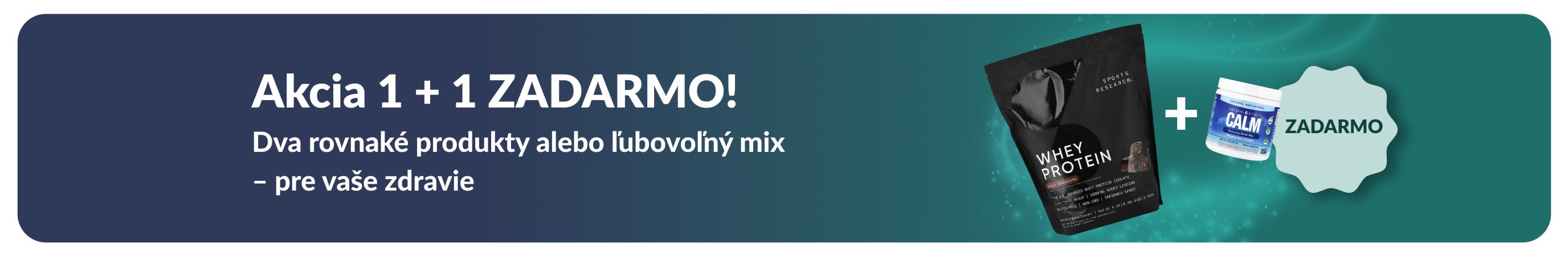 Baner iHerb s akciou „1 + 1 zadarmo“ na základné produkty pre zdravie, zobrazujúci probiotiká a fľaštičku s kvapkadlom.