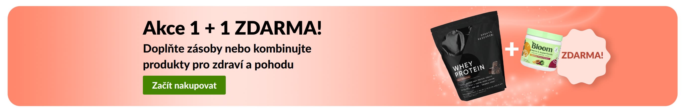 Promo banner iHerb nabízející akci 1 + 1 zdarma na základní produkty pro zdraví a pohodu, s probiotickými doplňky stravy a lahvičkou s kapátkem.
