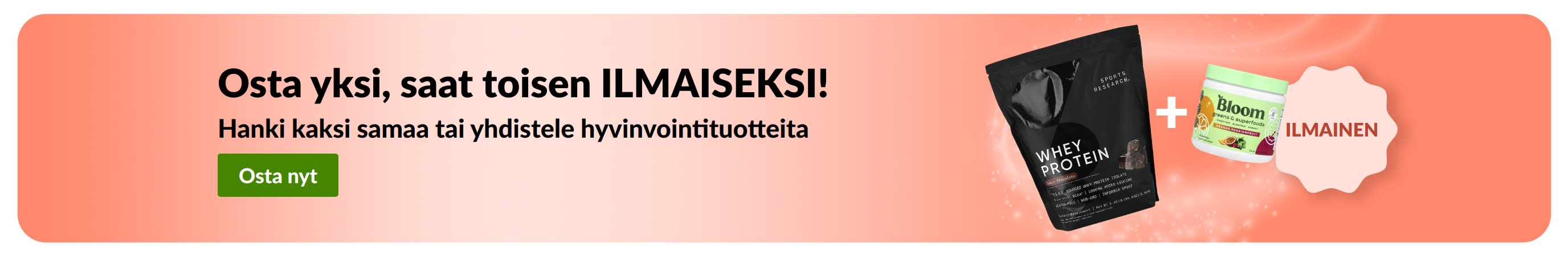 iHerb-mainosbanneri, joka tarjoaa hyvinvointituotteita kaksi yhden hinnalla. Kuvassa probioottilisiä ja pipettipullo.