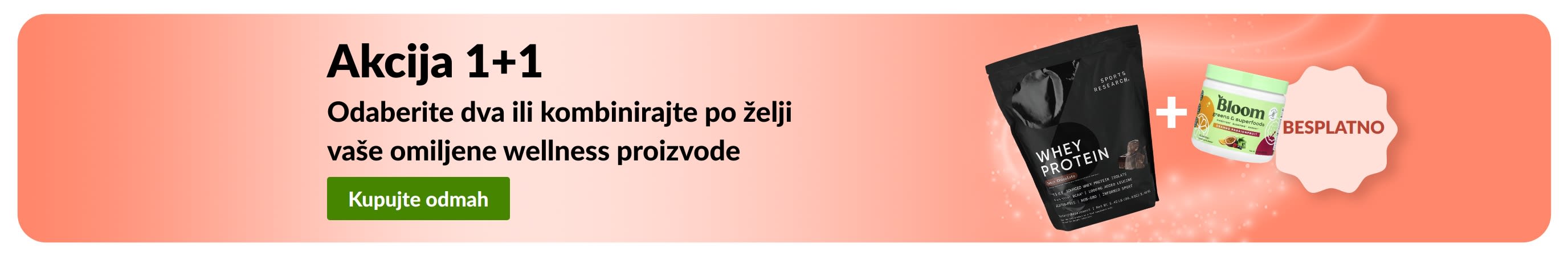 iHerb reklamni natpis za promociju Akciju 1+1 na wellness proizvode, s prikazom probiotičkih dodataka i bočice s kapaljkom.