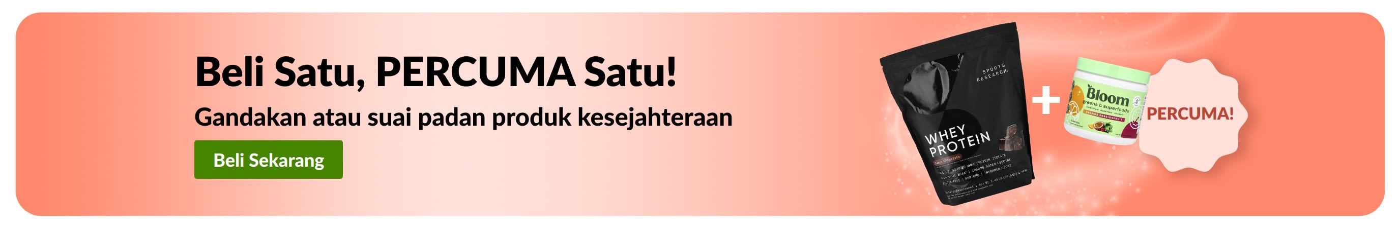 Sepanduk promosi iHerb menawarkan beli satu, percuma satu untuk keperluan kesejahteraan, menampilkan suplemen probiotik dan botol penitis.