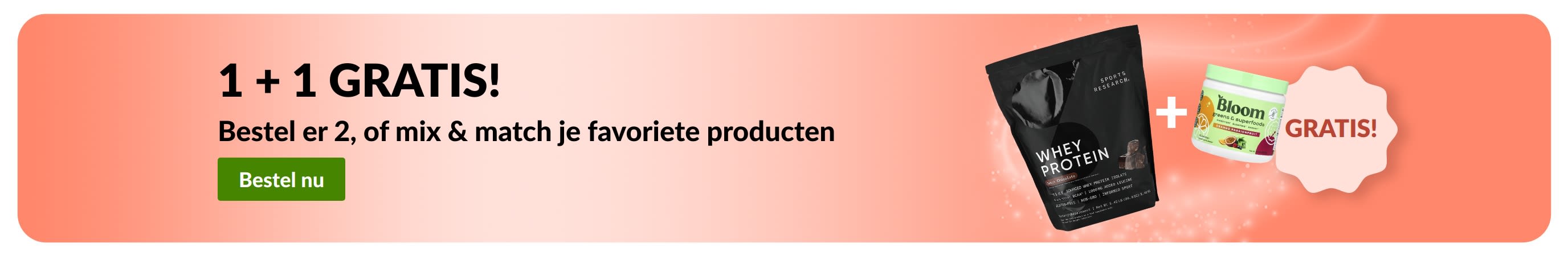 iHerb-promotiebanner met een '1+1 gratis'-actie op essentiële welzijnsproducten, waaronder probiotische supplementen en een pipetflesje.