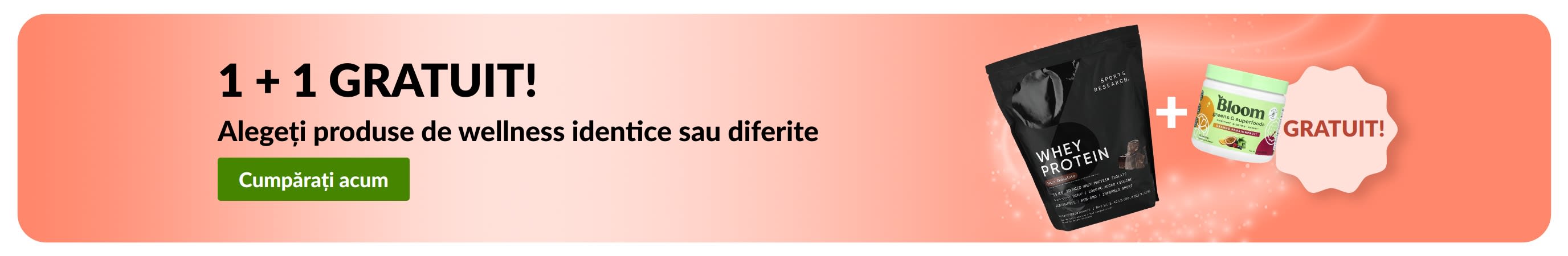 Banner iHerb cu produse esențiale pentru wellness în oferta 1 + 1 gratuit, cu suplimente probiotice și flacon cu pipetă.
