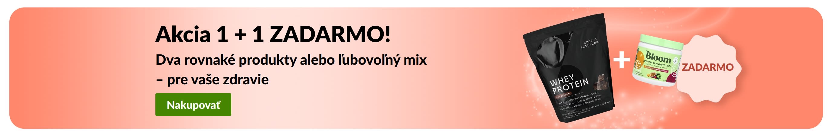 Baner iHerb s akciou „1 + 1 zadarmo“ na základné produkty pre zdravie, zobrazujúci probiotiká a fľaštičku s kvapkadlom.