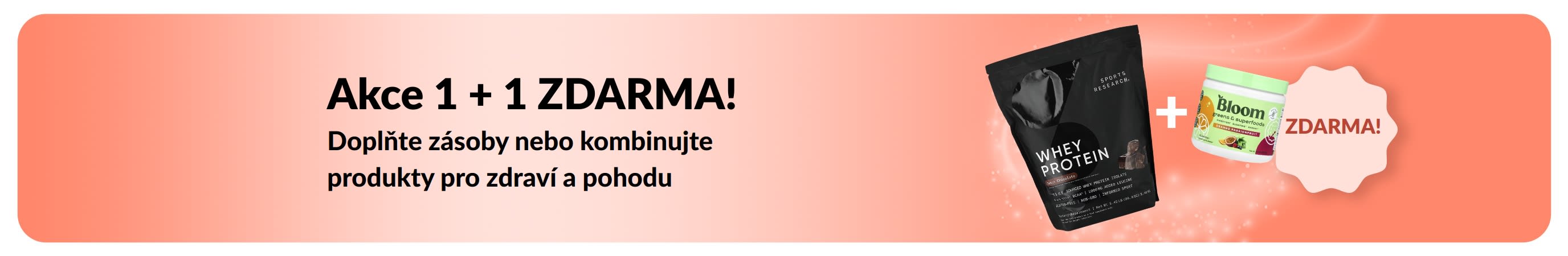 Promo banner iHerb nabízející akci 1 + 1 zdarma na základní produkty pro zdraví a pohodu, s probiotickými doplňky stravy a lahvičkou s kapátkem.