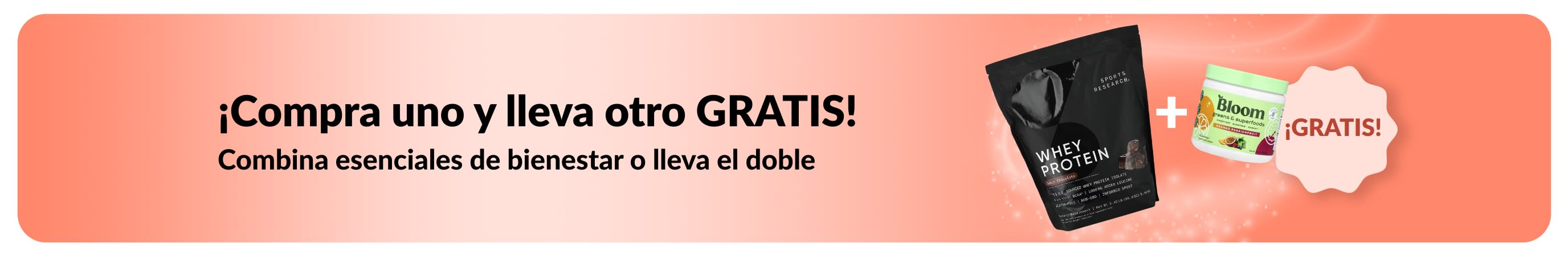 Banner de iHerb ofreciendo la oferta de “Compra uno y lleva otro gratis” en esenciales de bienestar.