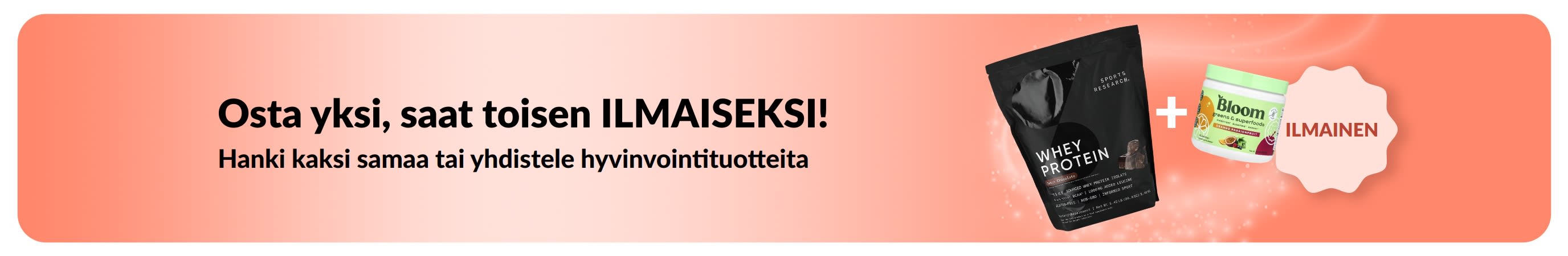 iHerb-mainosbanneri, joka tarjoaa hyvinvointituotteita kaksi yhden hinnalla. Kuvassa probioottilisiä ja pipettipullo.