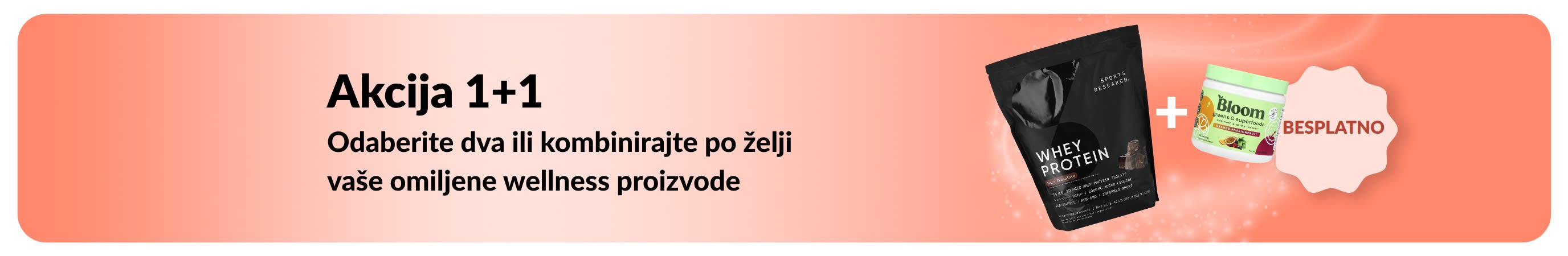 iHerb reklamni natpis za promociju Akciju 1+1 na wellness proizvode, s prikazom probiotičkih dodataka i bočice s kapaljkom.