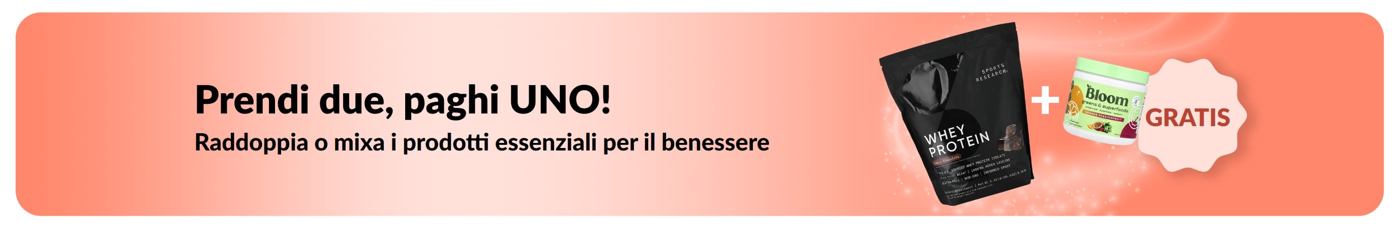 Banner promozionale iHerb con offerta prendi due paghi uno su prodotti essenziali per il benessere; vengono mostrati integratori probiotici e un flacone con contagocce.