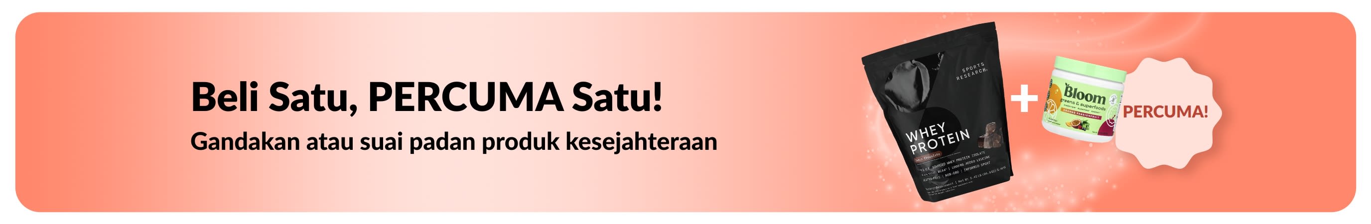 Sepanduk promosi iHerb menawarkan beli satu, percuma satu untuk keperluan kesejahteraan, menampilkan suplemen probiotik dan botol penitis.