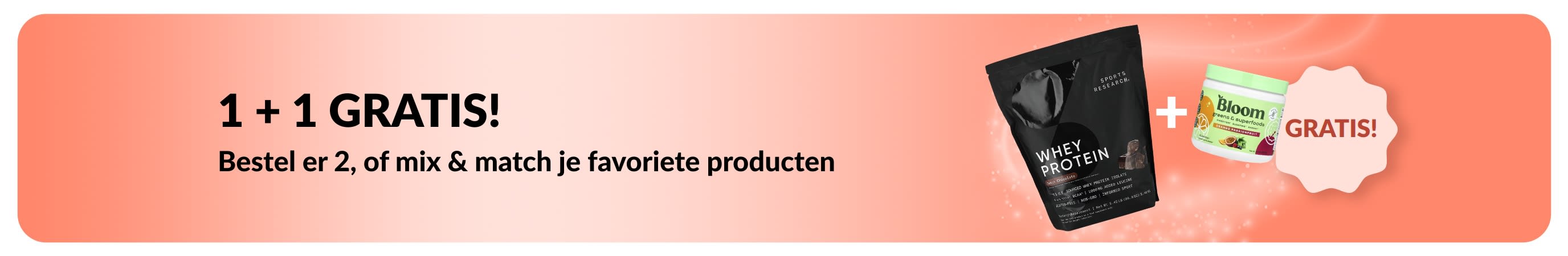 iHerb-promotiebanner met een '1+1 gratis'-actie op essentiële welzijnsproducten, waaronder probiotische supplementen en een pipetflesje.