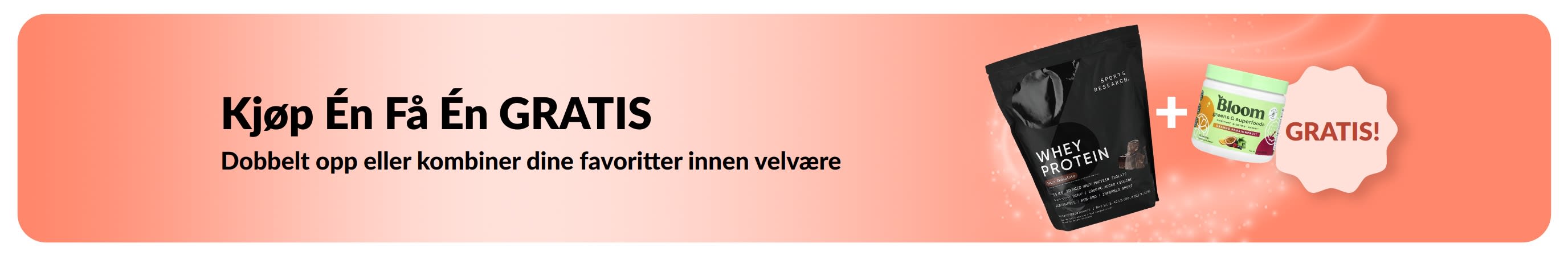 iHerb-kampanjebanner med «kjøp én, få én gratis» på velværeprodukter, med probiotiske kosttilskudd og en dråpeflaske.