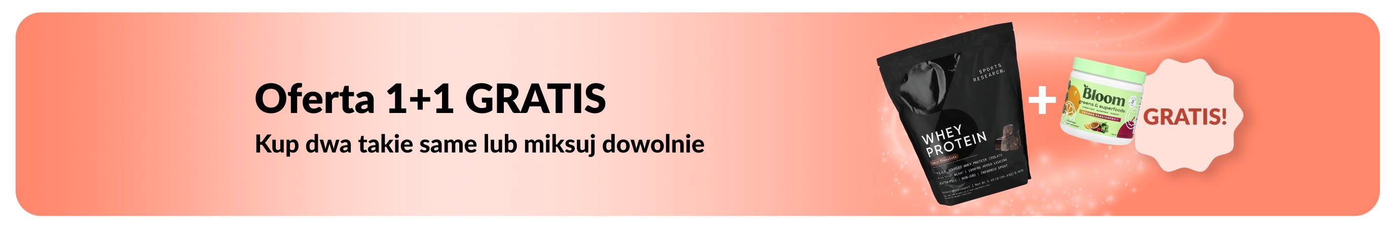Baner promocyjny iHerb oferujący Ofertę 1+1 GRATIS na niezbędne produkty dla zdrowia, przedstawiający suplementy probiotyczne oraz butelkę z zakraplaczem.