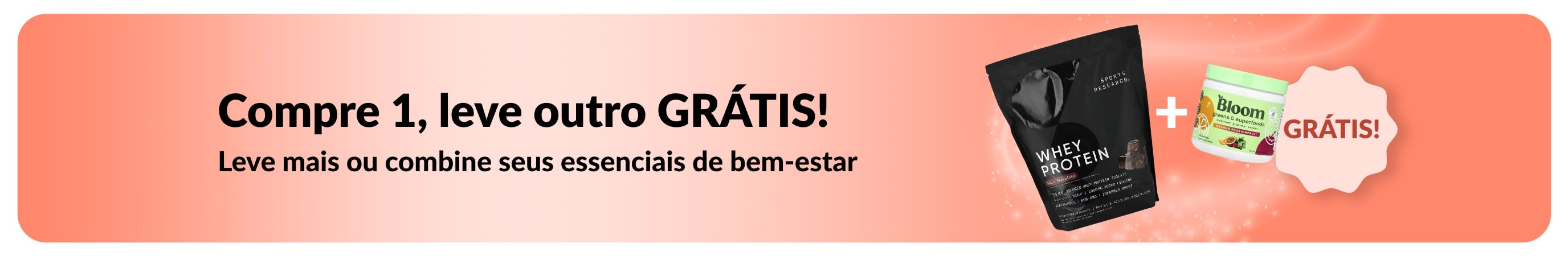 Banner da iHerb oferecendo compre 1, leve outro grátis em itens essenciais de bem-estar, com destaque para suplementos probióticos e frasco conta-gotas.