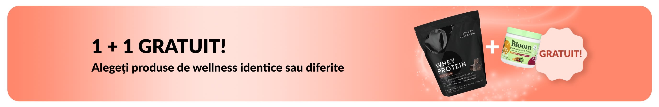 Banner iHerb cu produse esențiale pentru wellness în oferta 1 + 1 gratuit, cu suplimente probiotice și flacon cu pipetă.