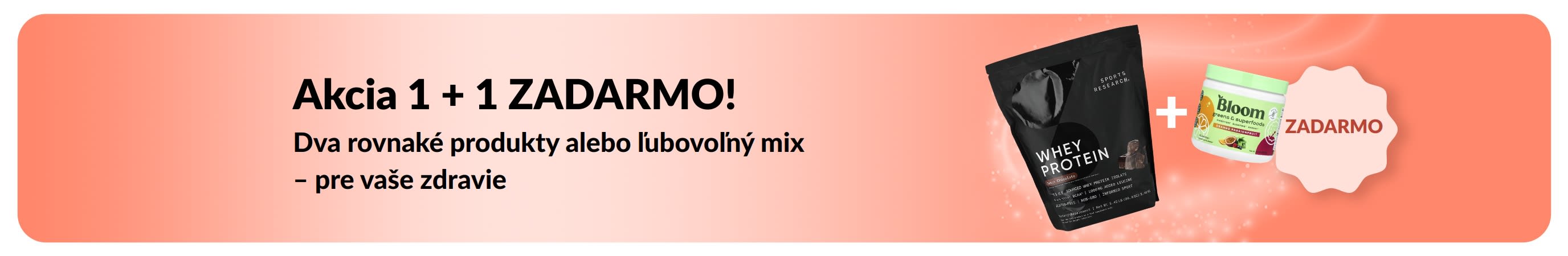 Baner iHerb s akciou „1 + 1 zadarmo“ na základné produkty pre zdravie, zobrazujúci probiotiká a fľaštičku s kvapkadlom.
