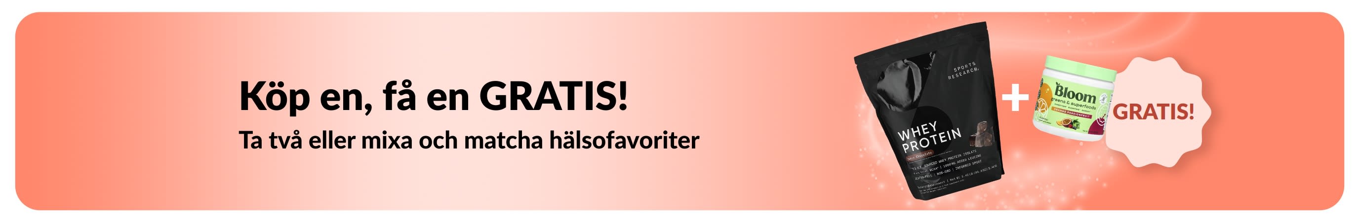 iHerb kampanjbanner som erbjuder köp en, få en gratis på favoriter för välmående, med probiotikatillskott och en droppflaska.