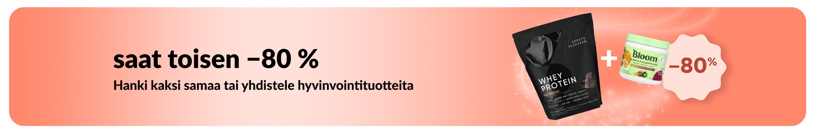 iHerb-mainosbanneri, joka tarjoaa Osta 1, saat toisen −80 % hyvinvointituotteista.