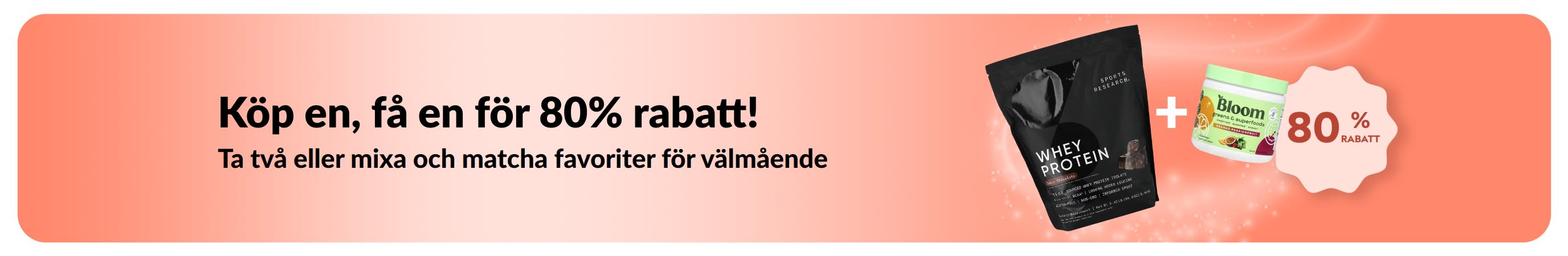 iHerb kampanjbanner som erbjuder köp en, få en för 80% rabatt på favoriter för välmående.