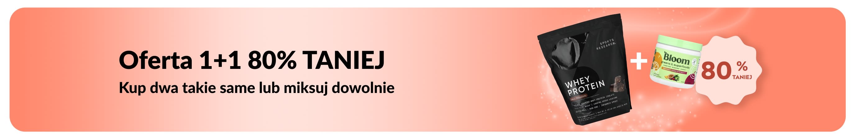 Baner promocyjny iHerb oferujący Ofertę 1+1 80% taniej na niezbędne produkty dla zdrowia.