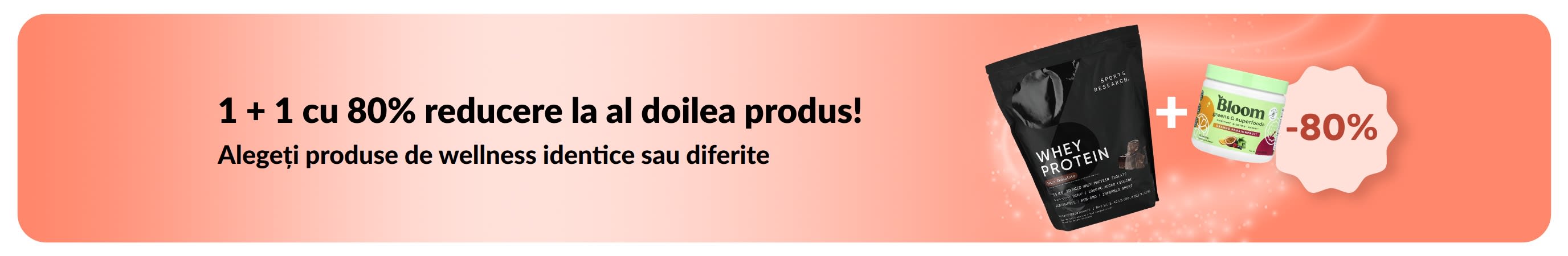 Banner iHerb cu produse esențiale pentru wellness în oferta 1 + 1 cu 80% reducere.