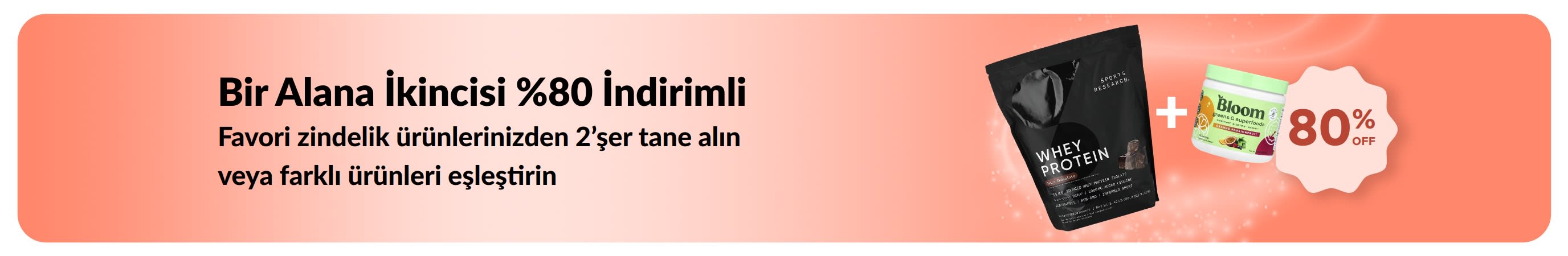 Temel sağlık ürünlerinde 1 alana 2.si %80 indirim sunan iHerb promosyon banner’ı.