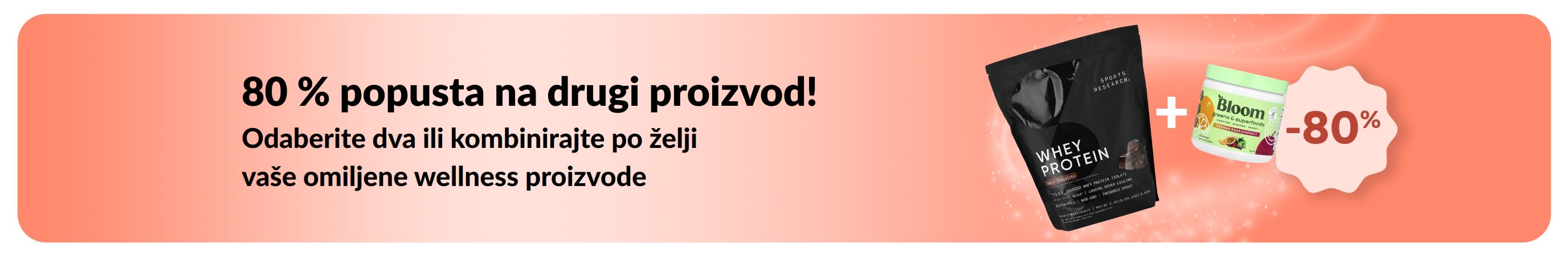 iHerb reklamni natpis za promociju „80 % popusta na drugi proizvod!” s prikazom wellness proizvoda.
