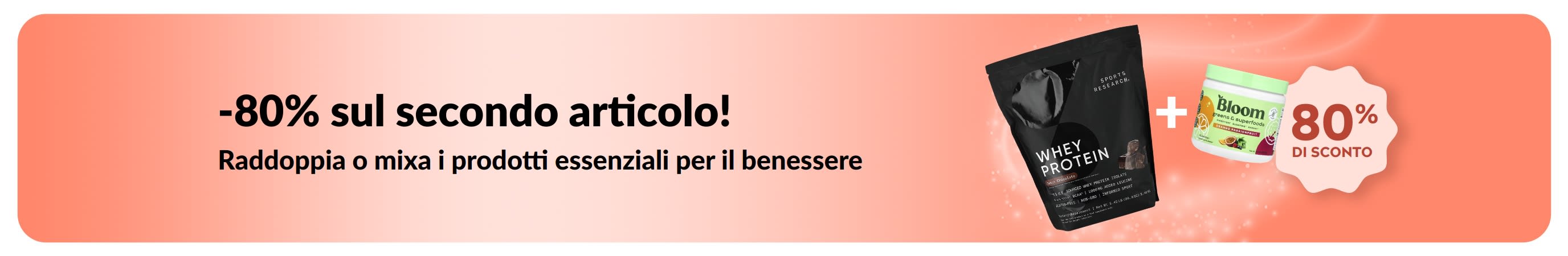 Banner promozionale di iHerb con l'offerta dell'80% di sconto sul secondo prodotto essenziale per il benessere acquistato.