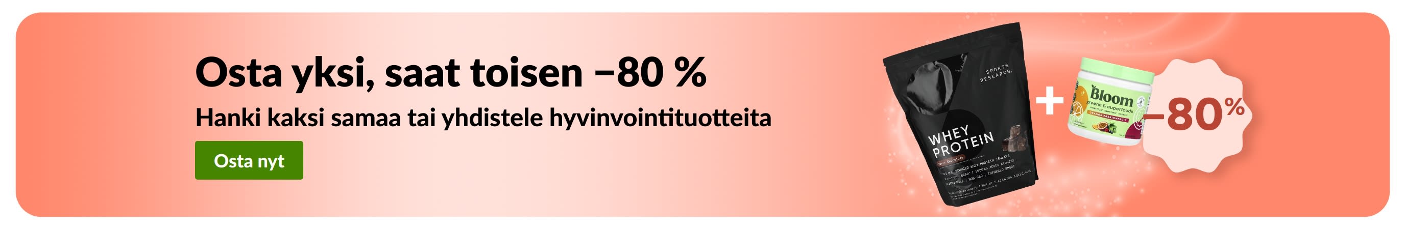 iHerb-mainosbanneri, joka tarjoaa Osta 1, saat toisen −80 % hyvinvointituotteista.
