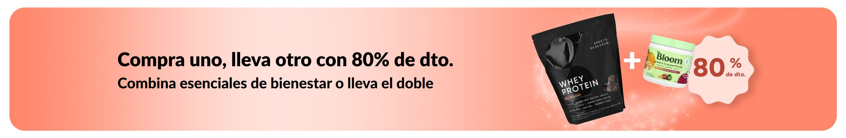 Banner de iHerb con la oferta de “Compra uno, lleva otro con 80% de dto.” en esenciales de bienestar.