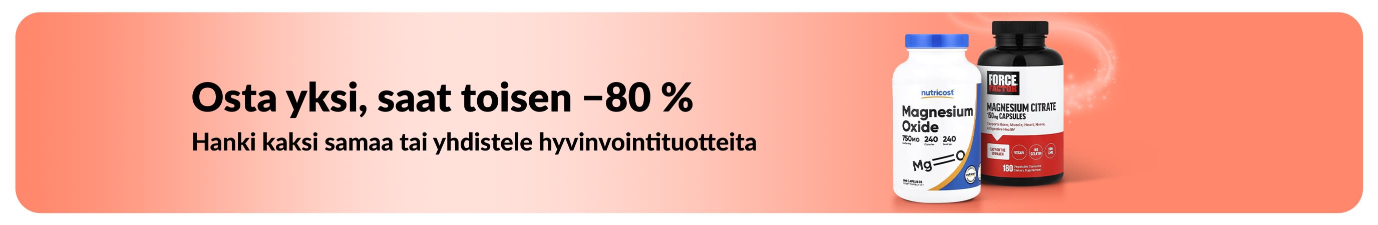 iHerb-mainosbanneri, joka tarjoaa Osta 1, saat toisen −80 % hyvinvointituotteista.