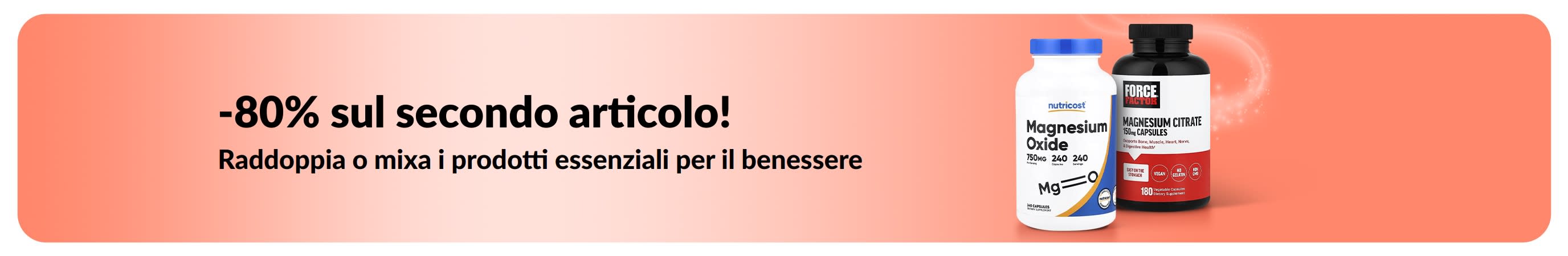 Banner promozionale di iHerb con l'offerta dell'80% di sconto sul secondo prodotto essenziale per il benessere acquistato.