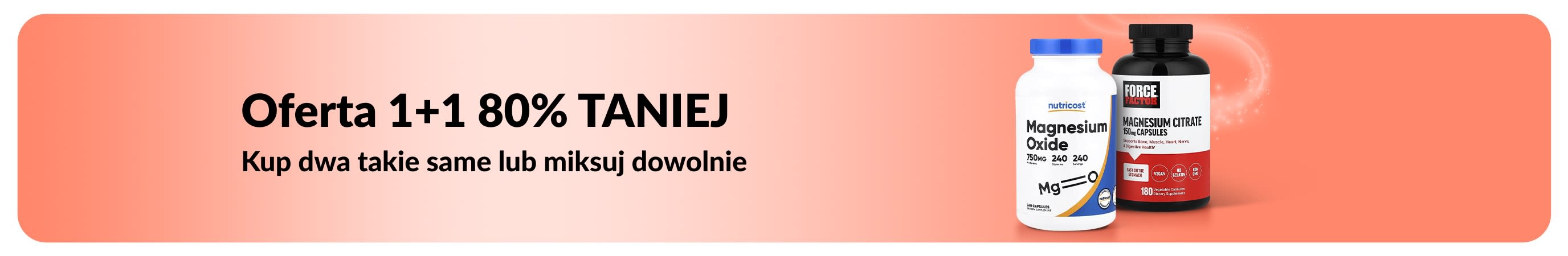 Baner promocyjny iHerb oferujący Ofertę 1+1 80% taniej na niezbędne produkty dla zdrowia.