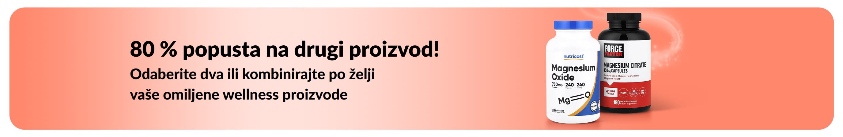 iHerb reklamni natpis za promociju „80 % popusta na drugi proizvod!” s prikazom wellness proizvoda.