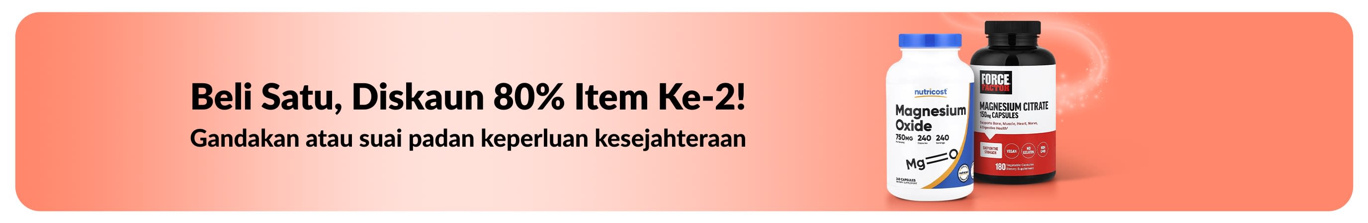 Sepanduk promosi iHerb menawarkan beli satu, diskaun 80% item ke-2 untuk keperluan kesejahteraan.