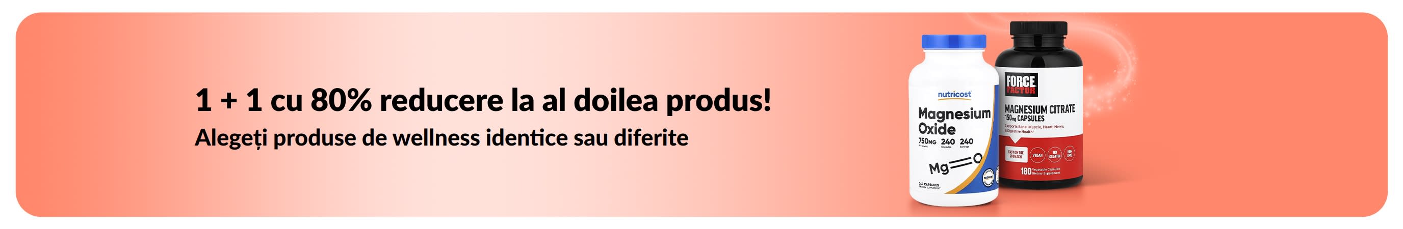 Banner iHerb cu produse esențiale pentru wellness în oferta 1 + 1 cu 80% reducere.