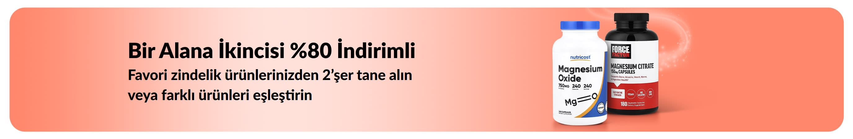 Temel sağlık ürünlerinde 1 alana 2.si %80 indirim sunan iHerb promosyon banner’ı.