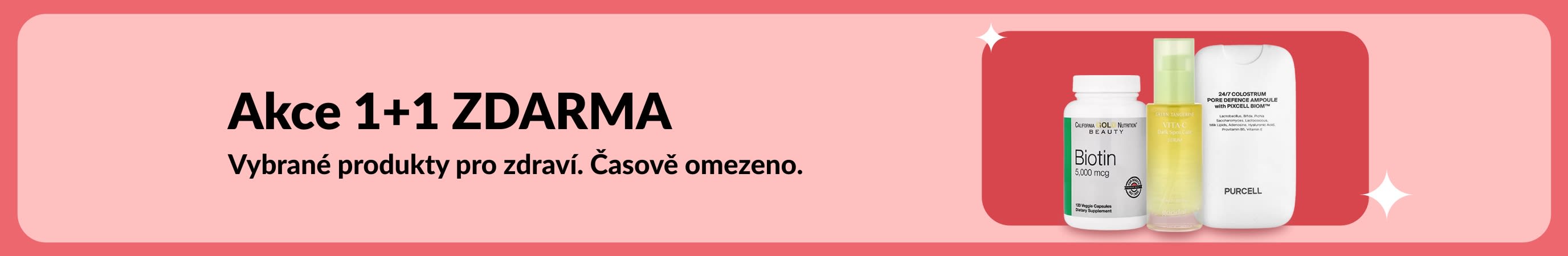 Banner s produkty pro zdraví v rámci „Akce 1+1 ZDARMA“ zahrnující biotin a doplňky stravy pro krásu. Časově omezená akce.