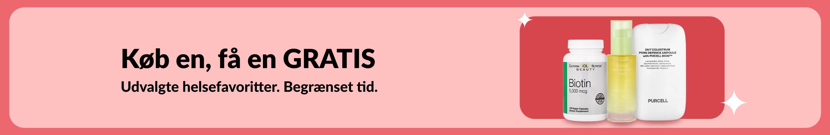 Helseudsalgsbanner med biotin og skønhedskosttilskud, tidsbegrænset tilbud, køb en, få en gratis.