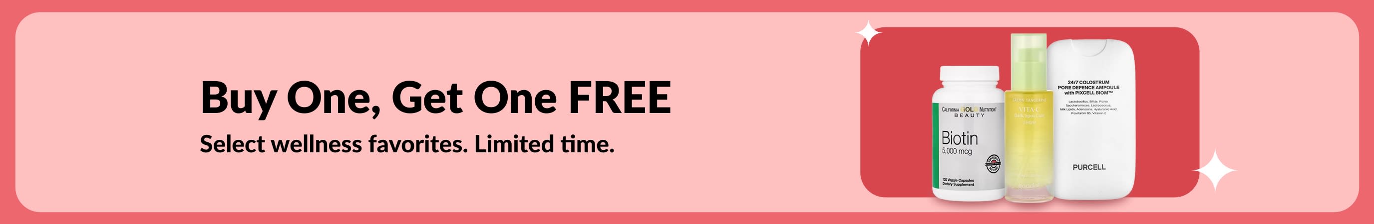 Buy One, Get One Free wellness sale banner featuring biotin and beauty supplements, limited time offer.