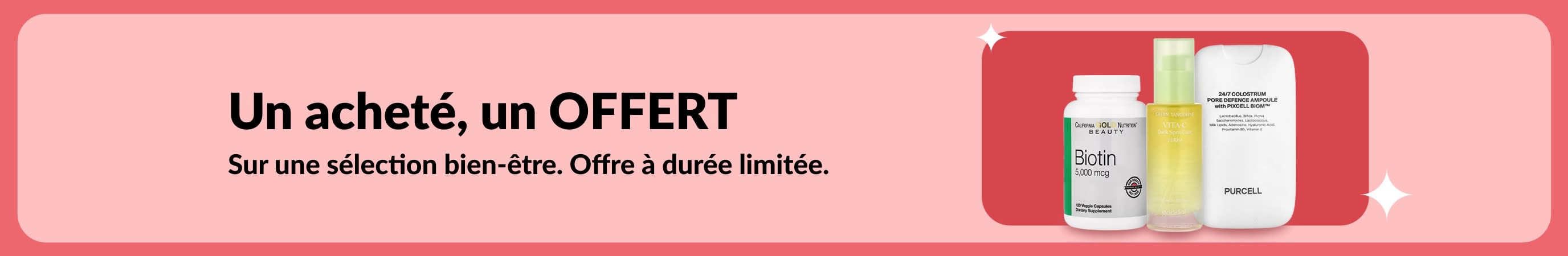 Bannière promo « Un acheté, un offert » sur des compléments bien-être (biotine et beauté). Offre à durée limitée.
