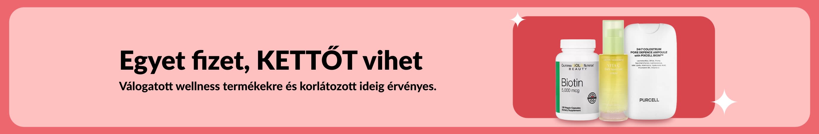 Korlátozott ideig érvényes, egyet fizet, kettőt vihet akciós banner biotinnal és szépségápolási étrend-kiegészítőkkel.
