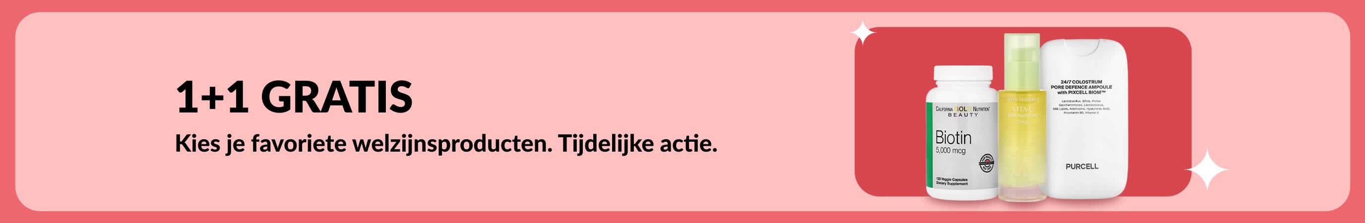 Aanbieding: 1+1 gratis! Banner met welzijnsproducten zoals biotine en schoonheidssupplementen, tijdelijke aanbieding.