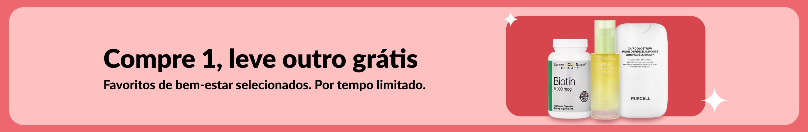 Banner da oferta compre 1, leve outro grátis em produtos de bem-estar, com suplementos de biotina e beleza. Oferta por tempo limitado.