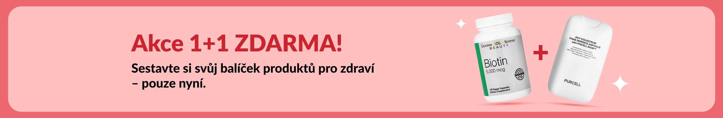 Banner na akci 1+1 zdarma na produkty pro zdraví s biotinem a doplňky stravy pro krásu v časově omezené nabídce.